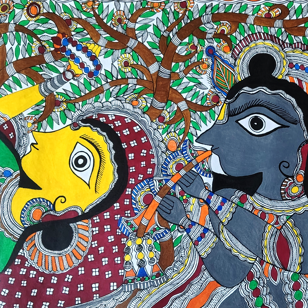 Graceful Radha Under the Kadamba Tree – Traditional Madhubani Folk Art Painting - Image 6