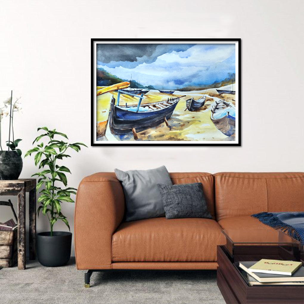 Resting Boats by the Shore – Original Watercolour Seascape Painting