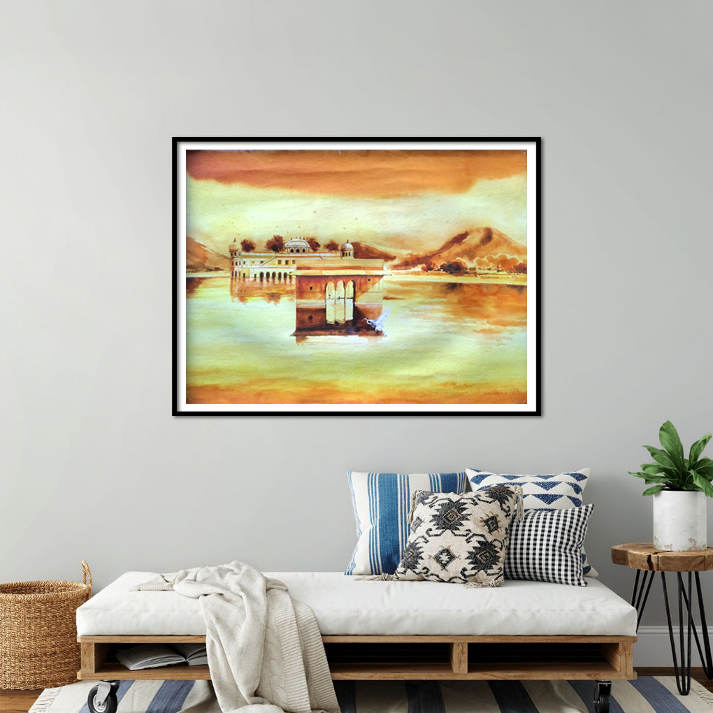 Golden Reflections: Lakeside Palace Watercolour Painting