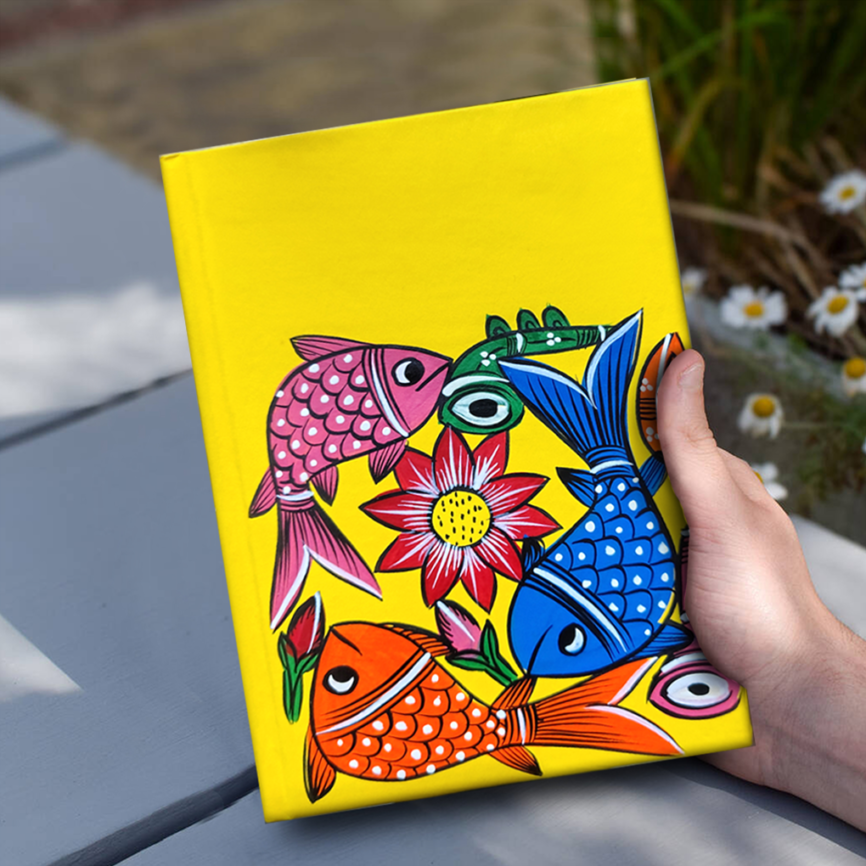 Hand-Painted Pattachitra Art Diary with Handmade Paper | Traditional Folk Fish Design