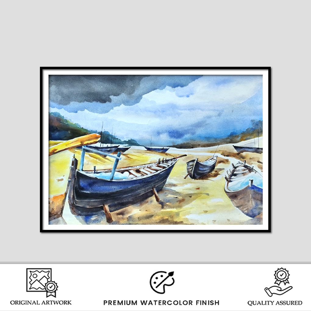 Resting Boats by the Shore – Original Watercolour Seascape Painting - Image 2