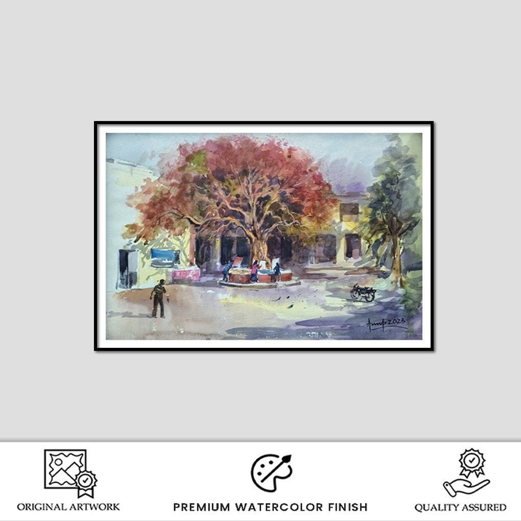 Beneath the Banyan Tree – Original Watercolour Street Scene Painting - Image 2