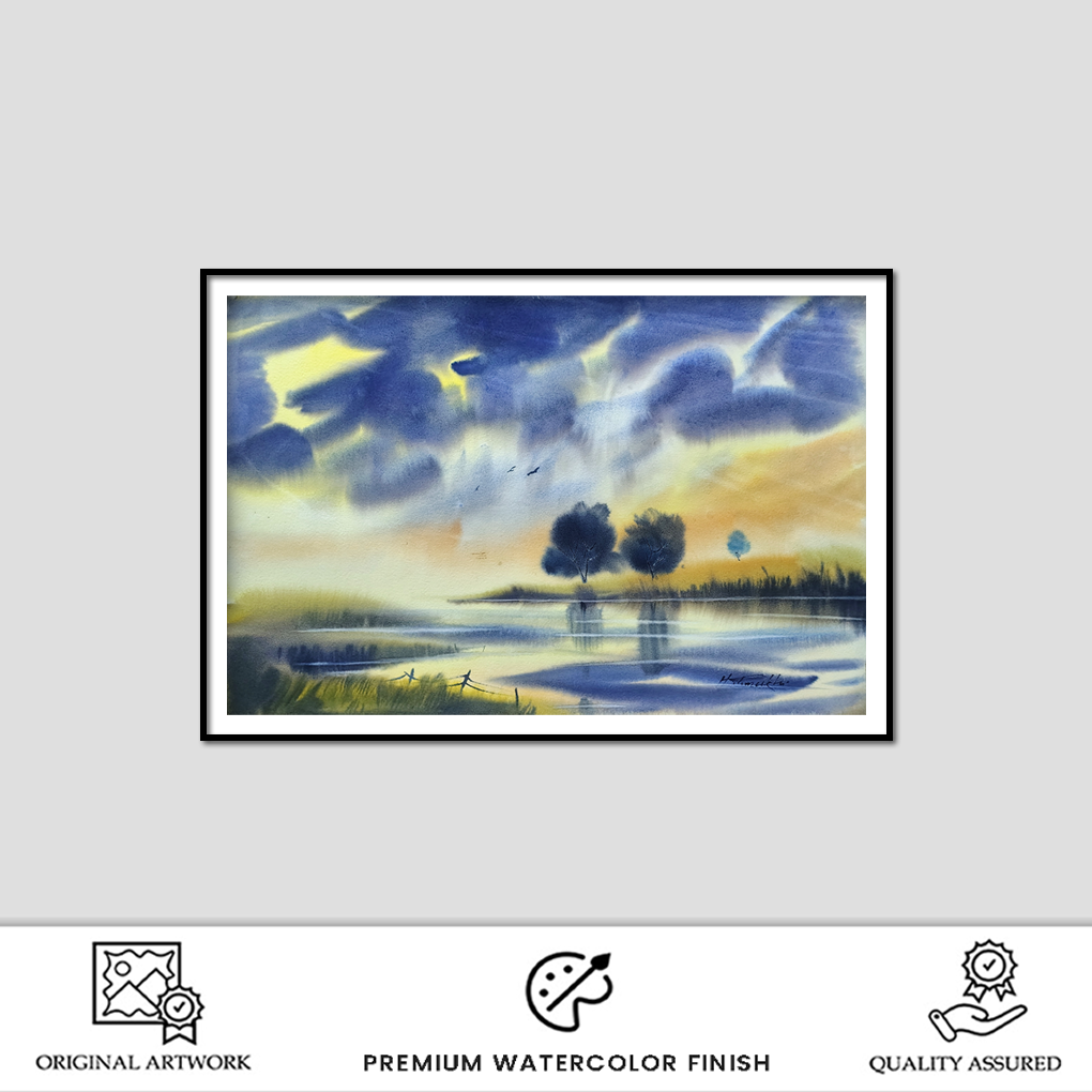 Golden Horizon Reflections – Original Watercolour Landscape Painting - Image 2