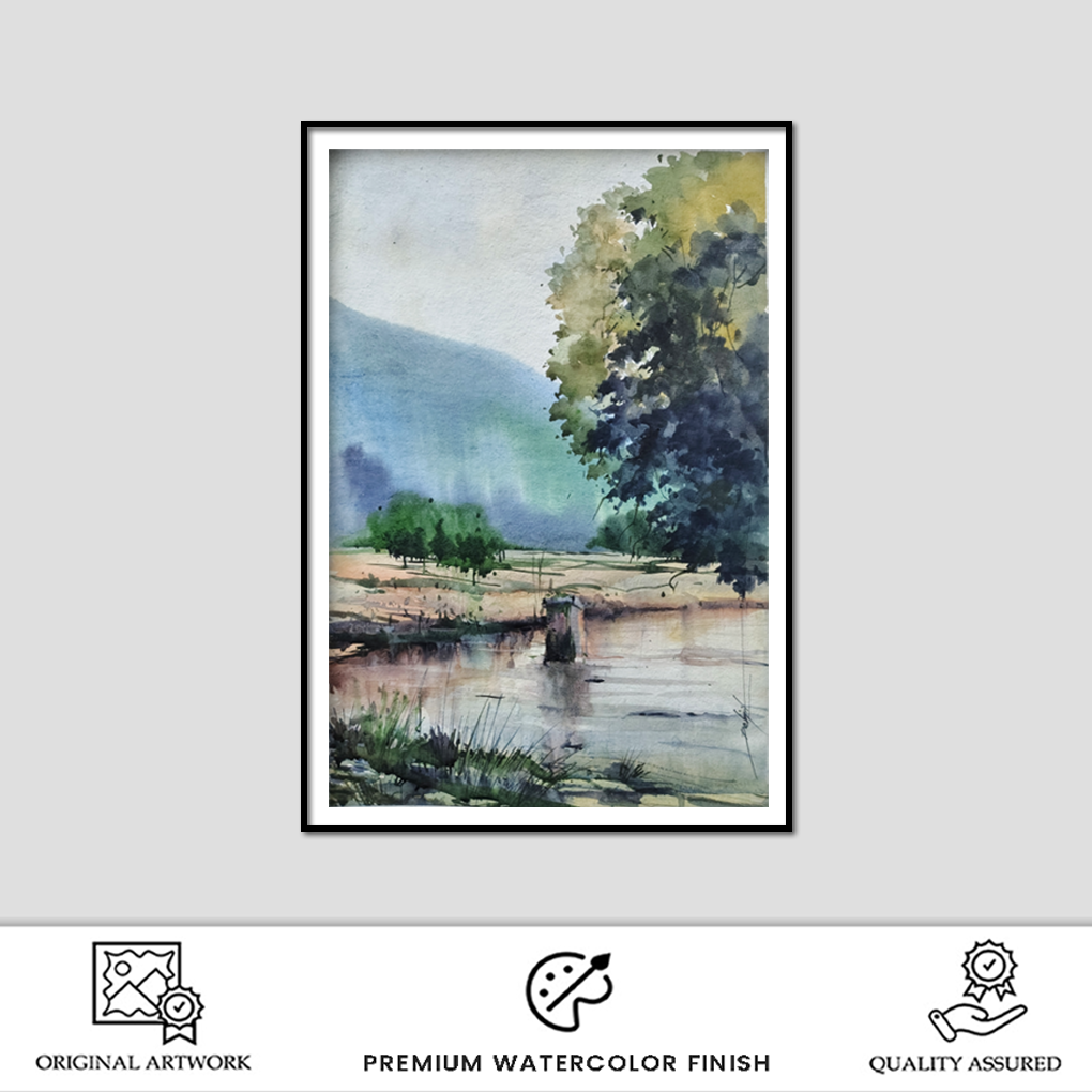 Serene Riverside Landscape Watercolor Painting - Image 2