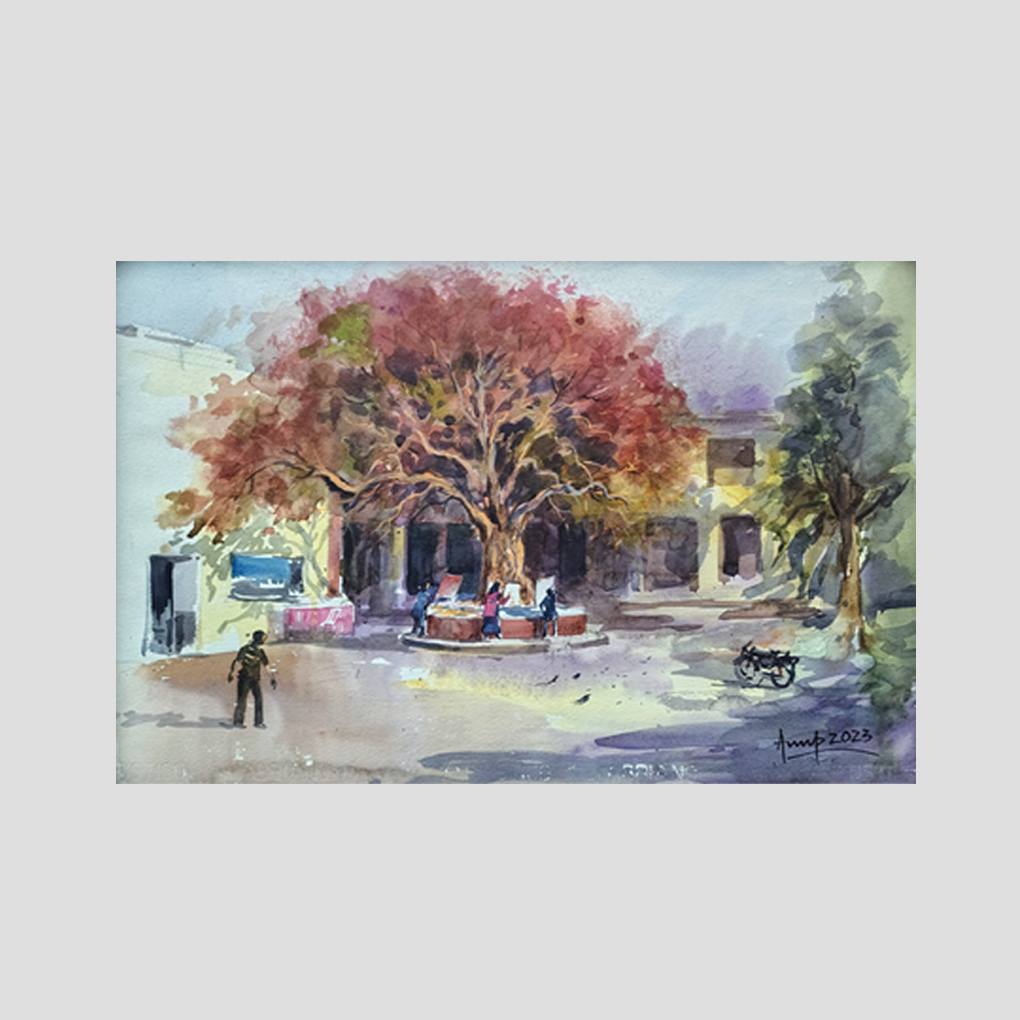 Beneath the Banyan Tree – Original Watercolour Street Scene Painting - Image 3
