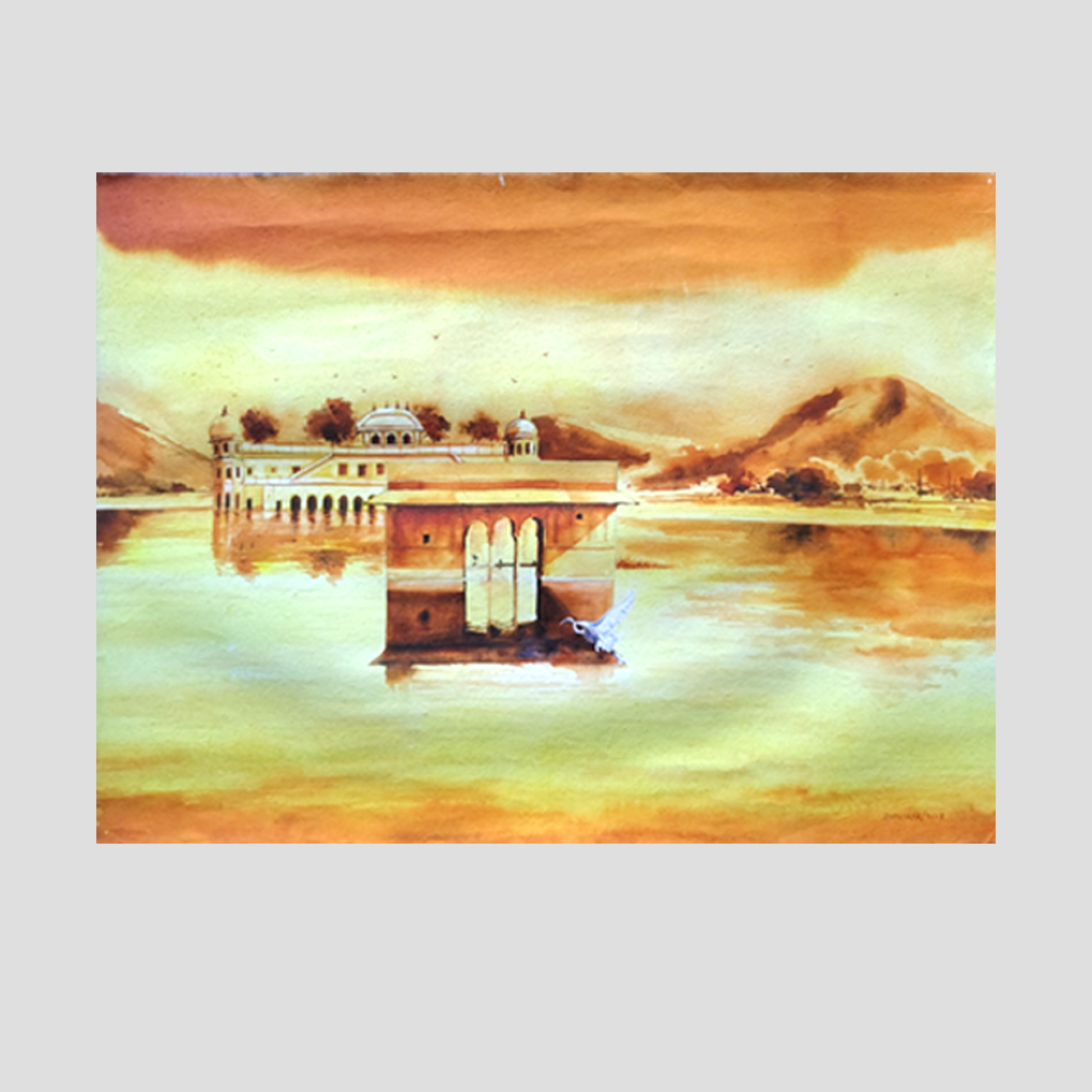 Golden Reflections: Lakeside Palace Watercolour Painting - Image 3