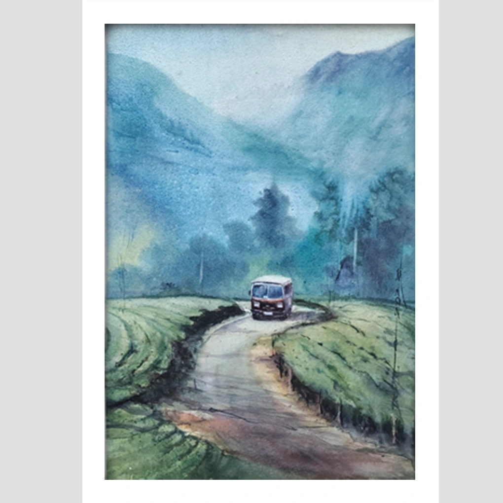 Journey Through the Misty Hills – Original Watercolour Landscape Painting - Image 2