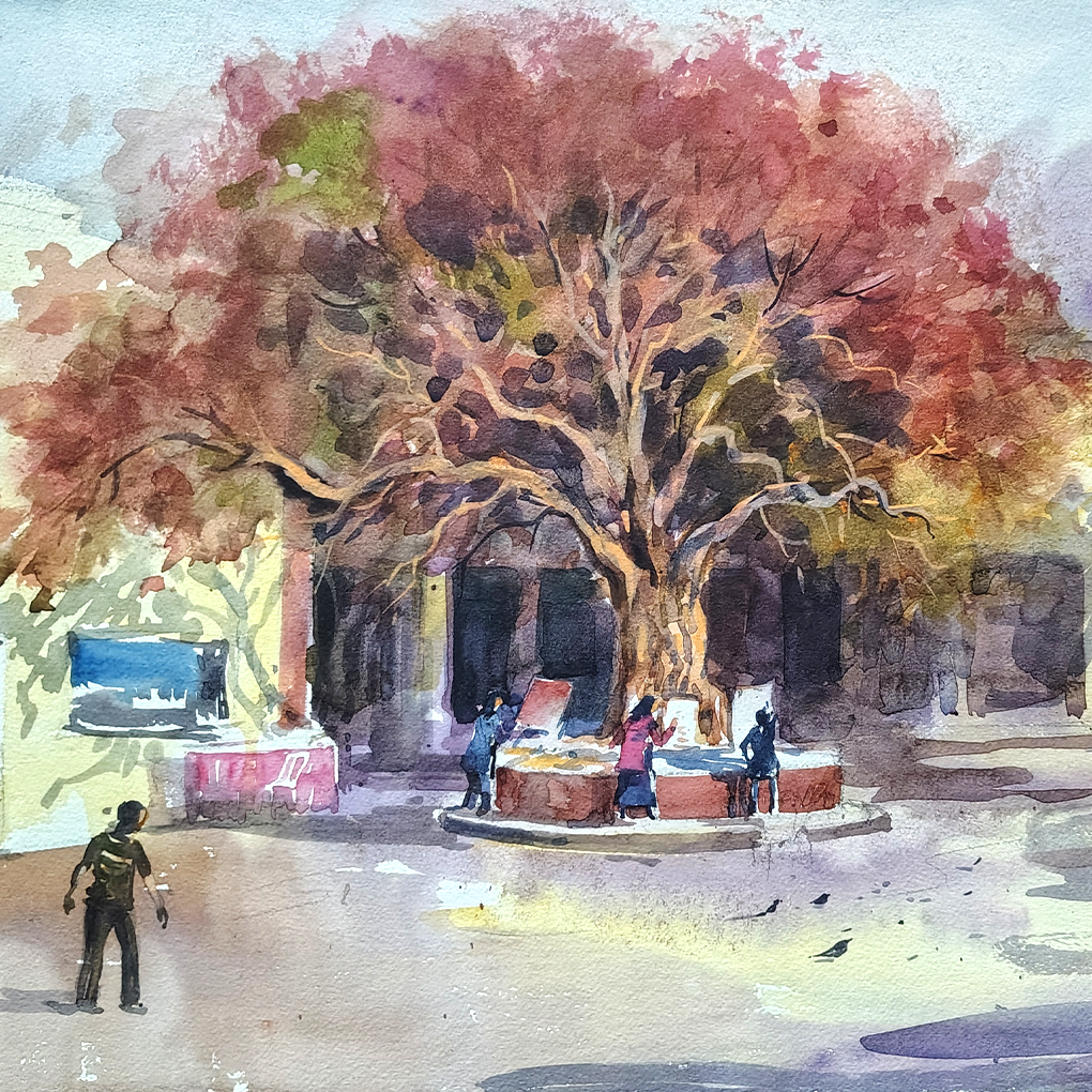 Beneath the Banyan Tree – Original Watercolour Street Scene Painting - Image 4