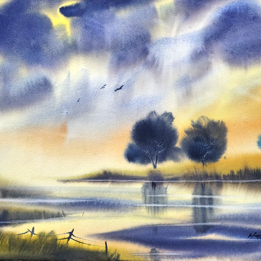 Golden Horizon Reflections – Original Watercolour Landscape Painting - Image 4