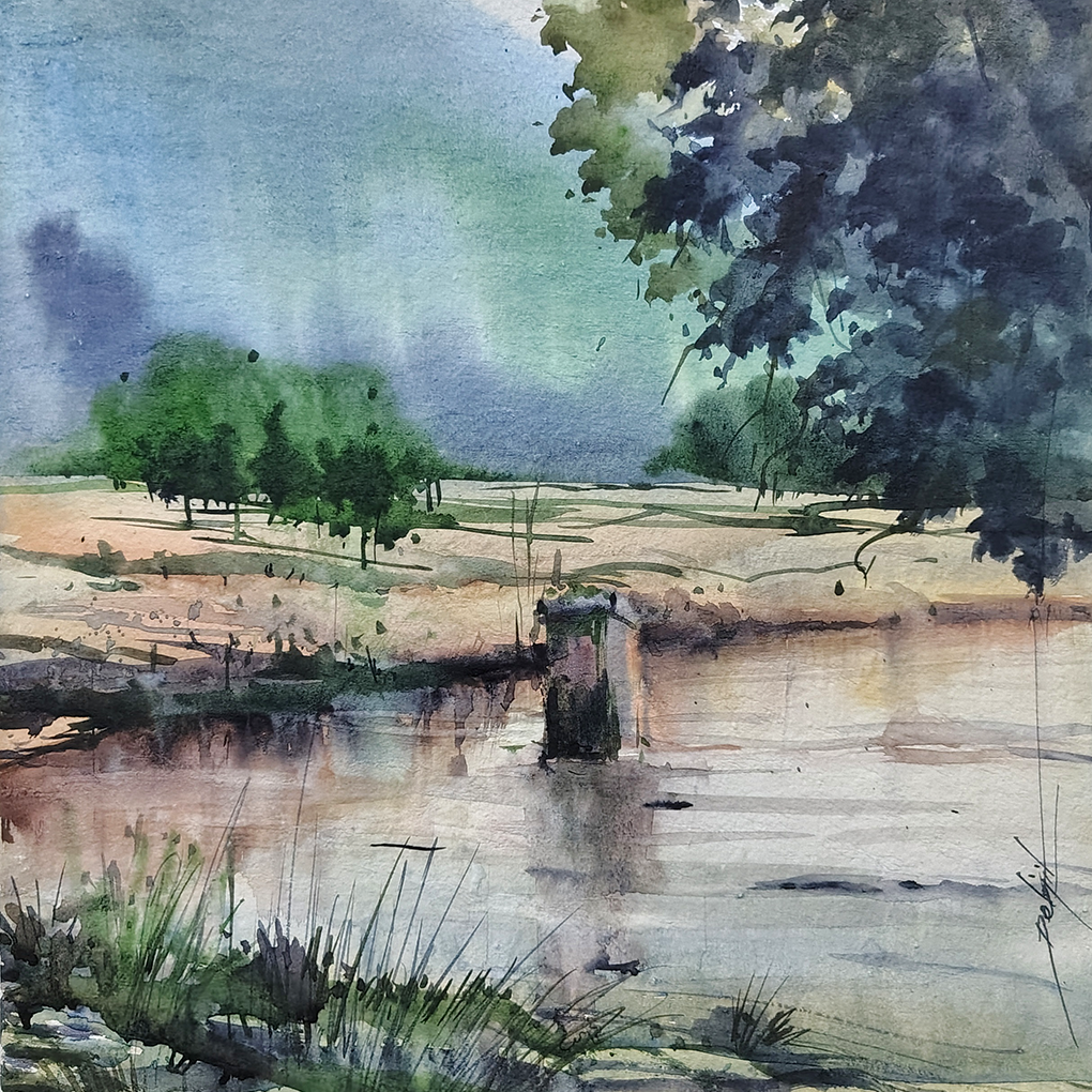 Serene Riverside Landscape Watercolor Painting - Image 4