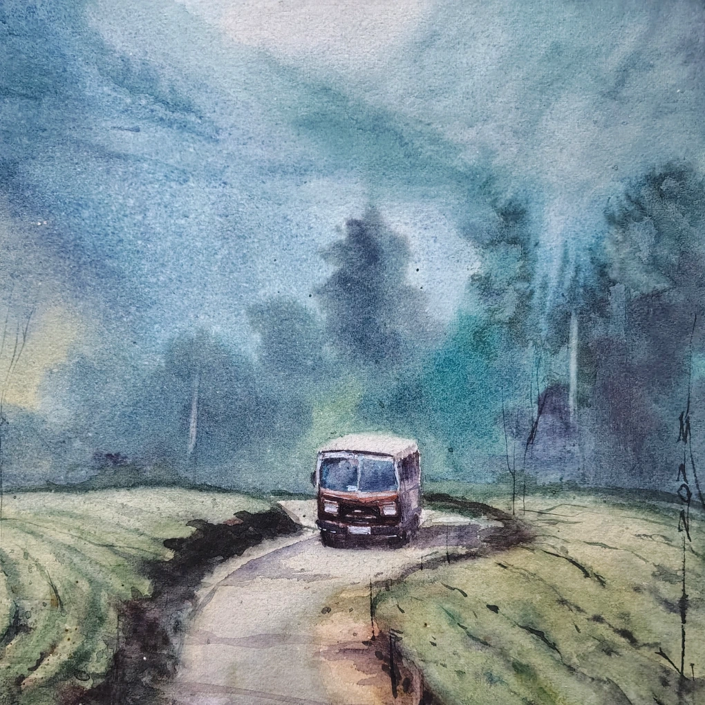 Journey Through the Misty Hills – Original Watercolour Landscape Painting - Image 3