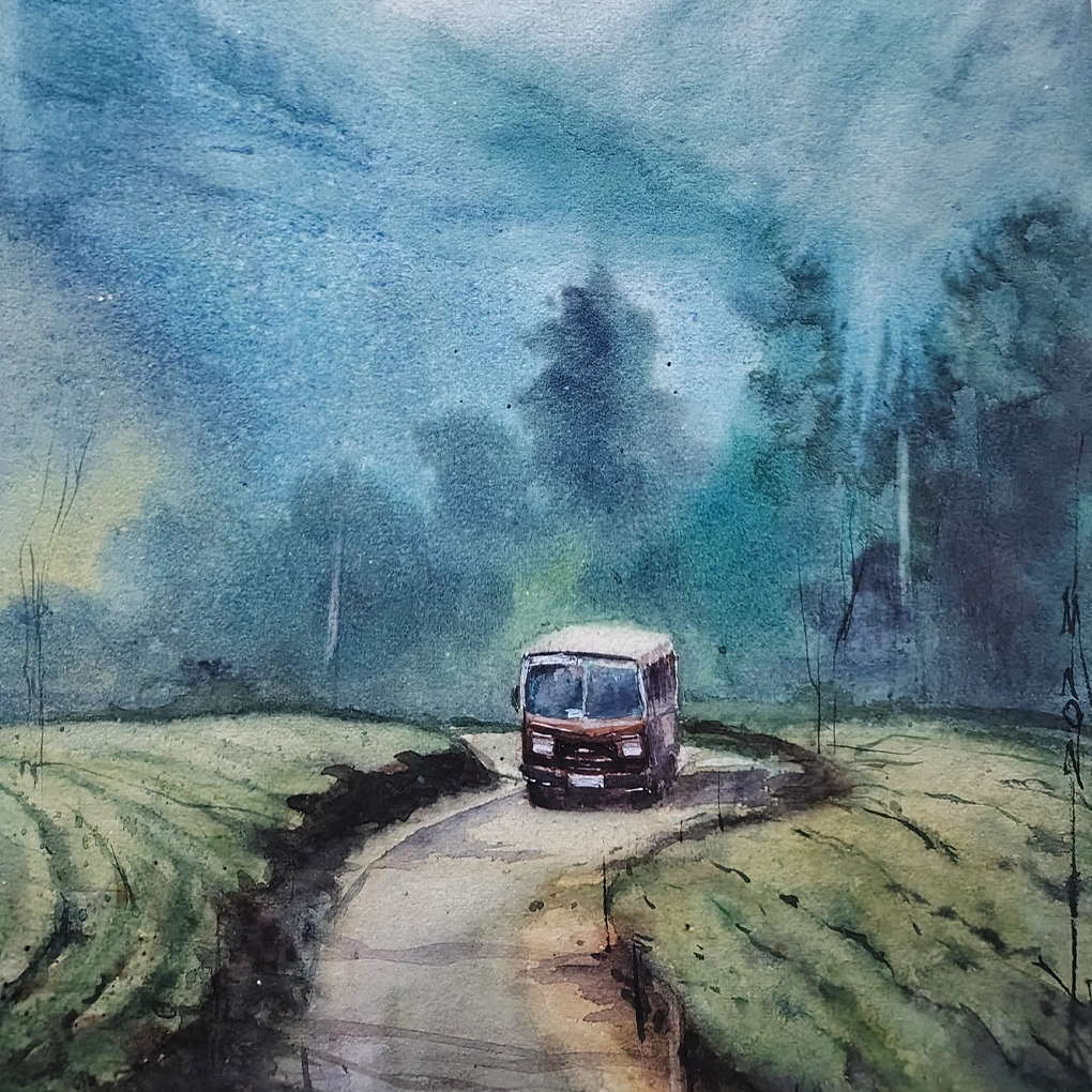 Journey Through the Misty Hills – Original Watercolour Landscape Painting - Image 4