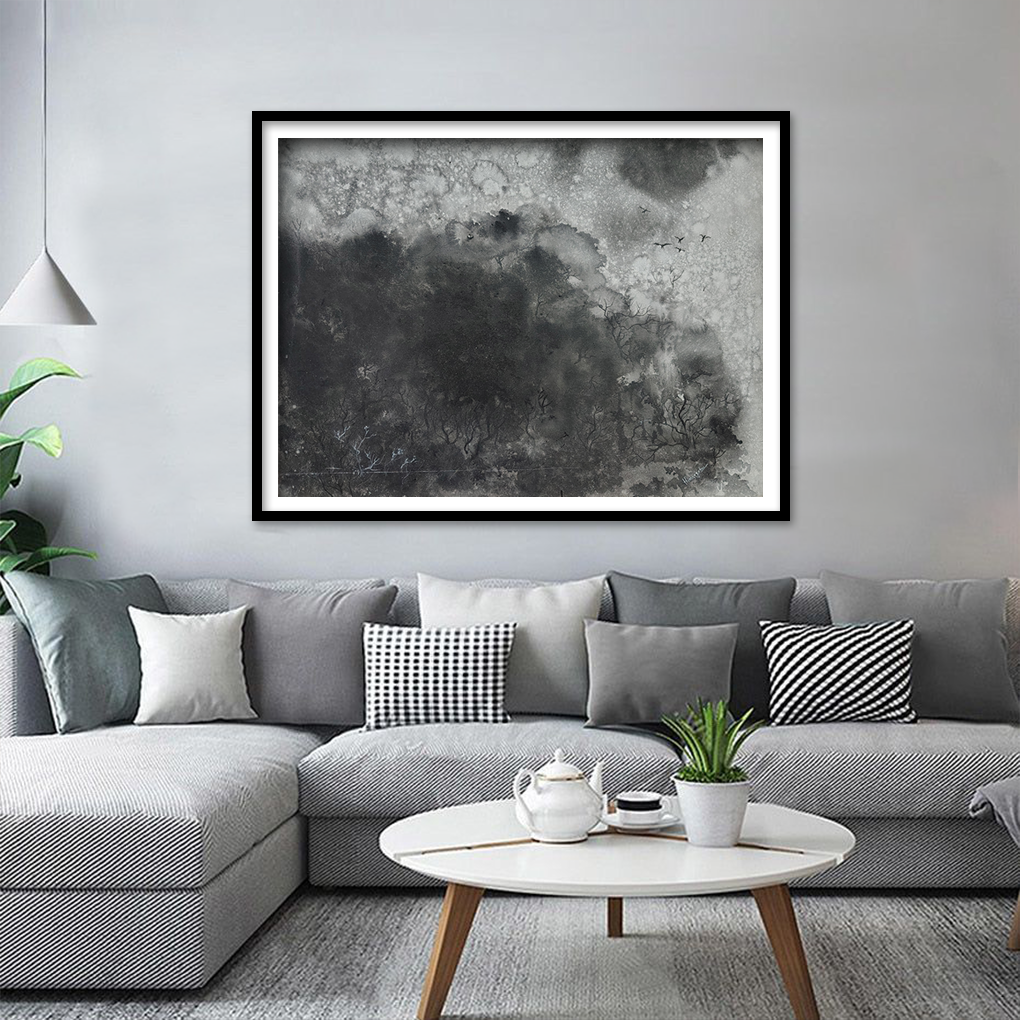 Abstract Black & Grey Textured Landscape – Modern Canvas Painting