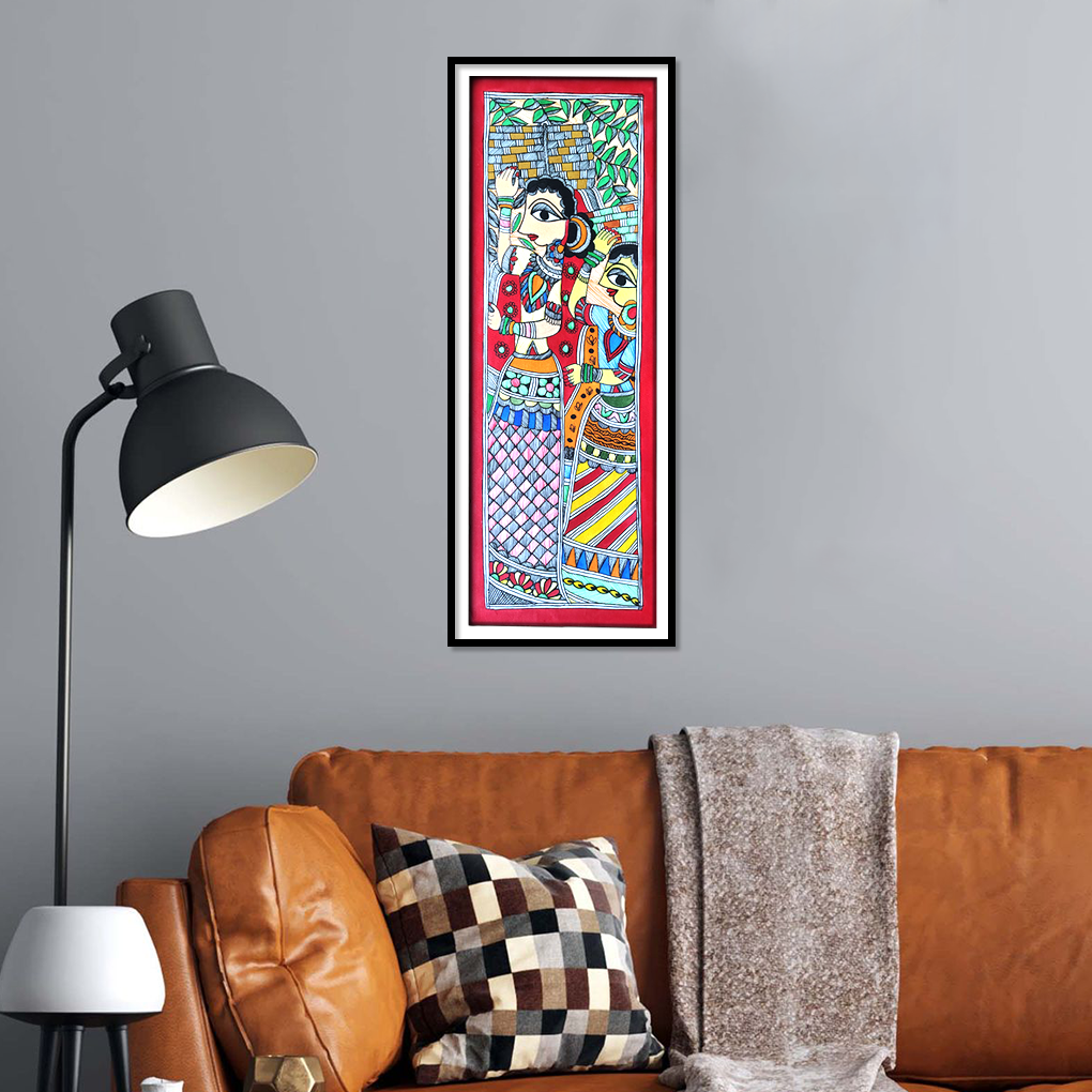 Madhubani Village Women Painting – Hand-Painted Mithila Art (Vertical Wall Décor)