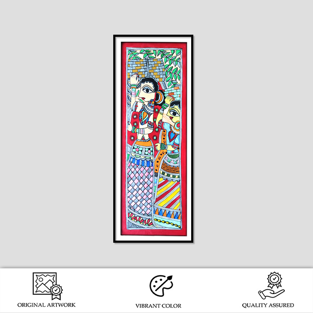Madhubani Village Women Painting – Hand-Painted Mithila Art (Vertical Wall Décor) - Image 2