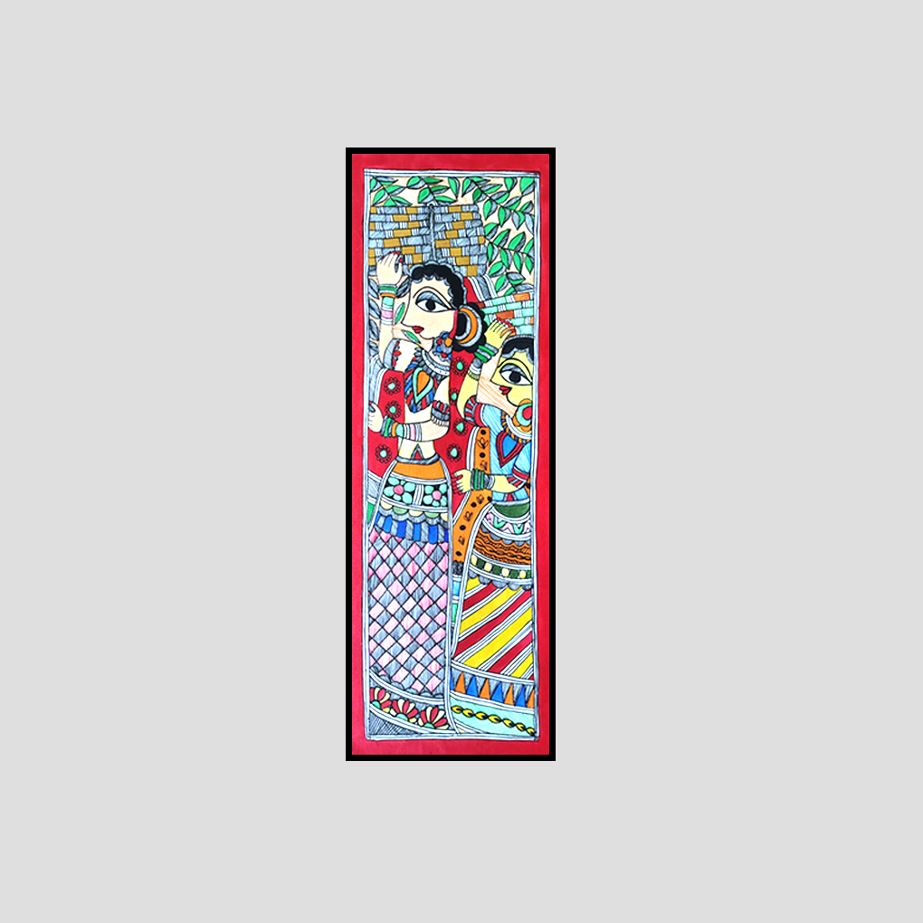 Madhubani Village Women Painting – Hand-Painted Mithila Art (Vertical Wall Décor) - Image 3