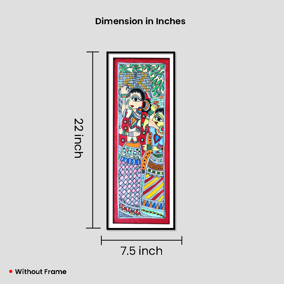 Madhubani Village Women Painting – Hand-Painted Mithila Art (Vertical Wall Décor) - Image 4