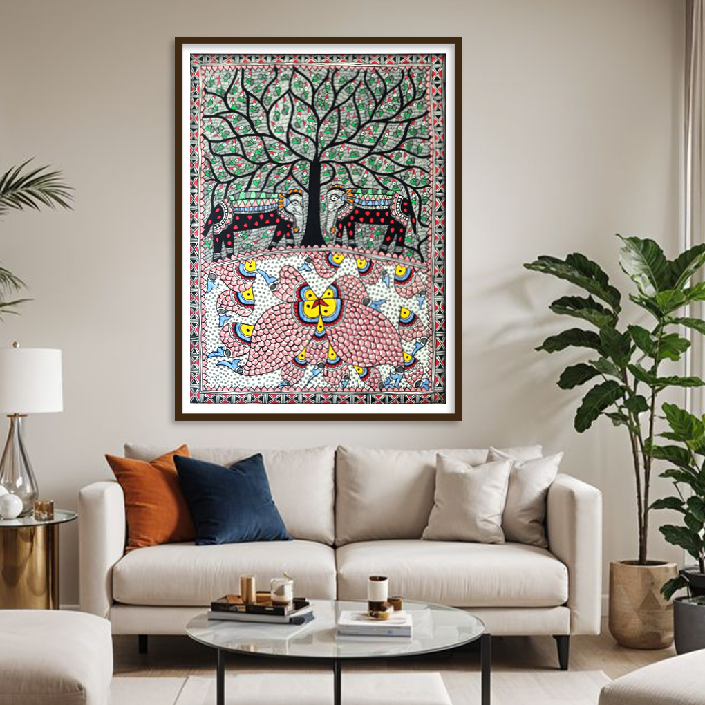 Handmade Madhubani Tree of Life Painting – Cow & Peacock Theme