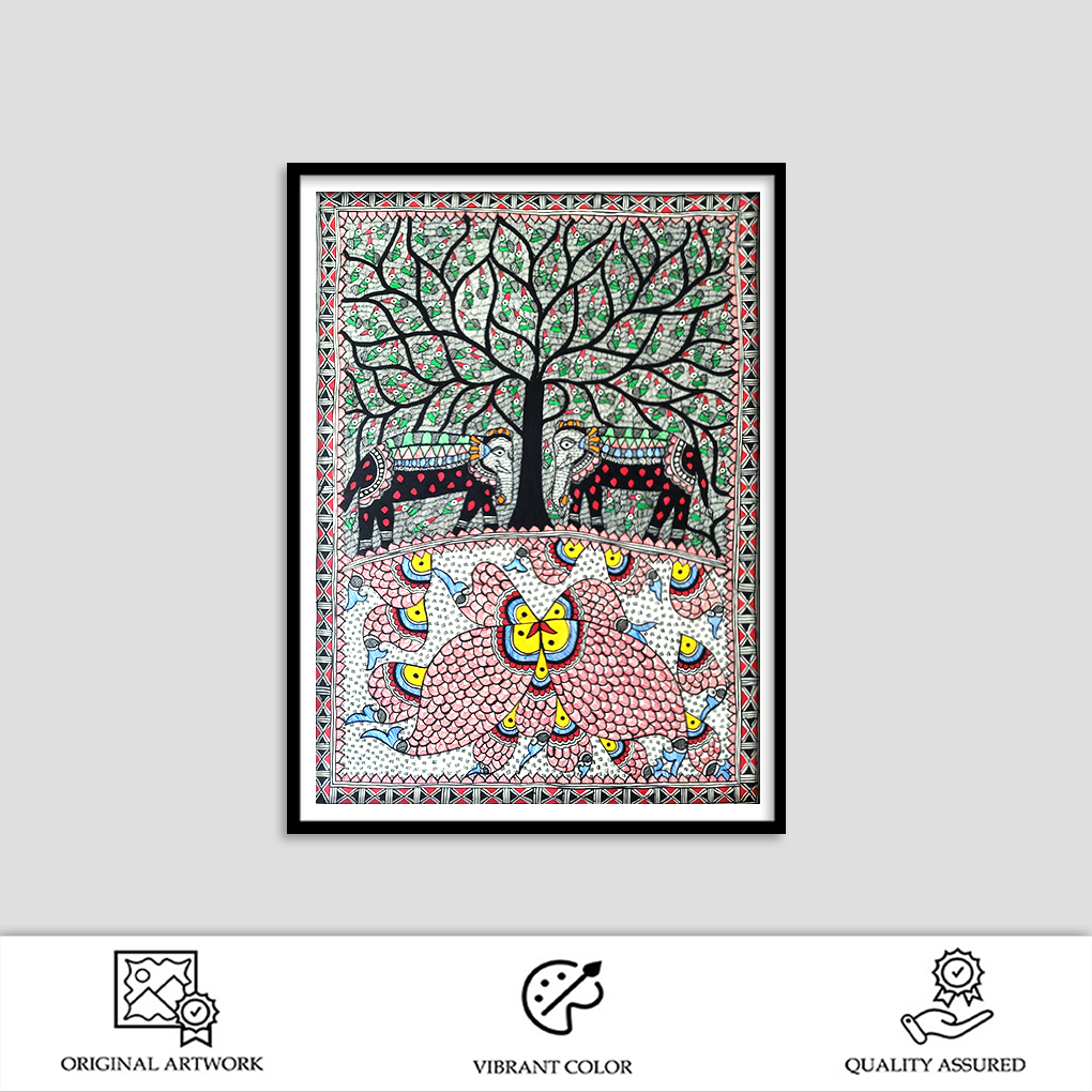 Handmade Madhubani Tree of Life Painting – Cow & Peacock Theme - Image 2