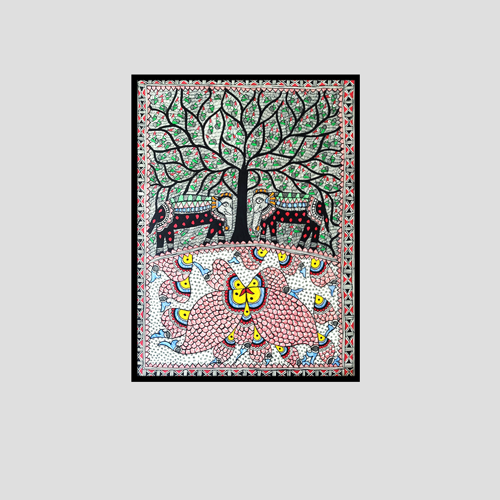 Handmade Madhubani Tree of Life Painting – Cow & Peacock Theme - Image 3