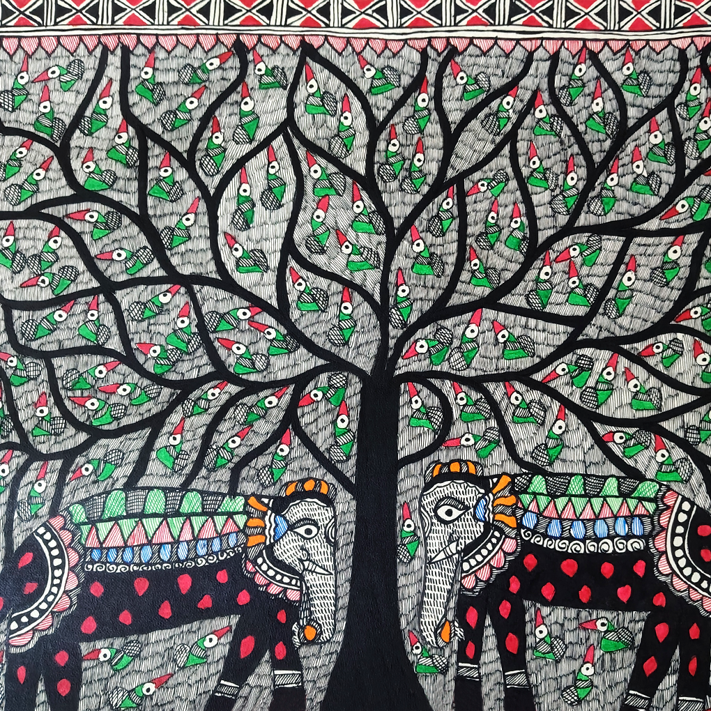 Handmade Madhubani Tree of Life Painting – Cow & Peacock Theme - Image 4