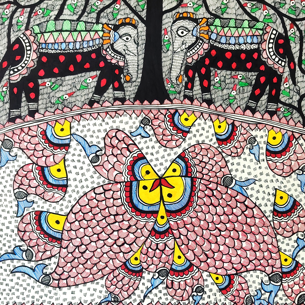 Handmade Madhubani Tree of Life Painting – Cow & Peacock Theme - Image 5
