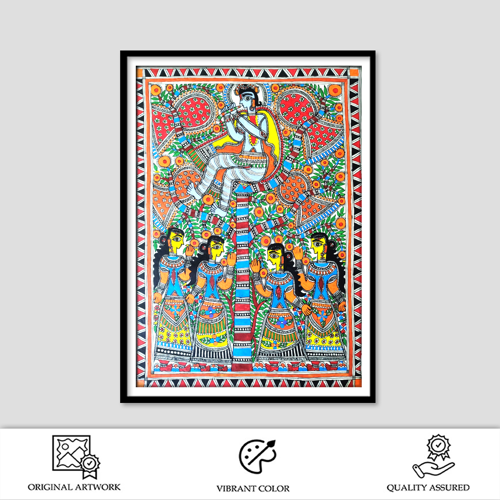 Hand-Painted Madhubani Krishna with Gopis | Traditional Mithila Folk Art | Large Wall Décor Painting - Image 2