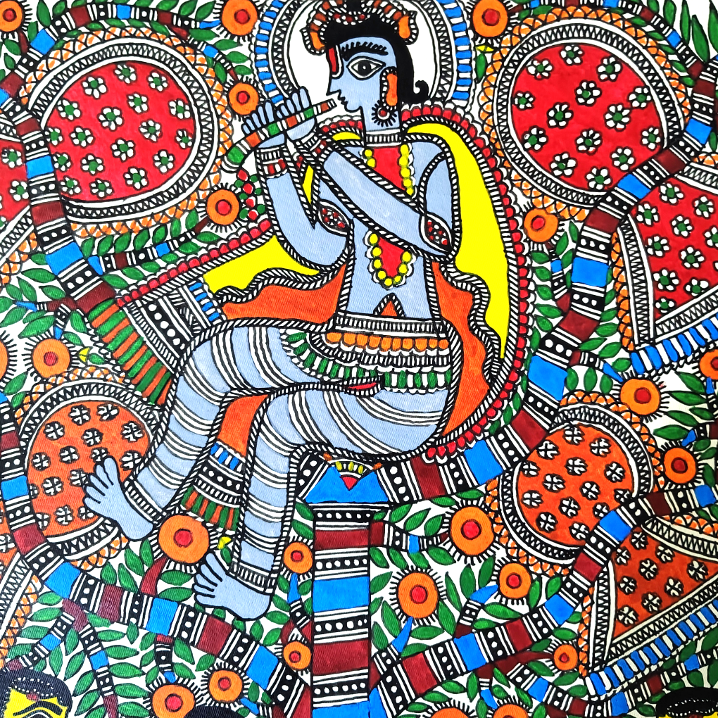 Hand-Painted Madhubani Krishna with Gopis | Traditional Mithila Folk Art | Large Wall Décor Painting - Image 5