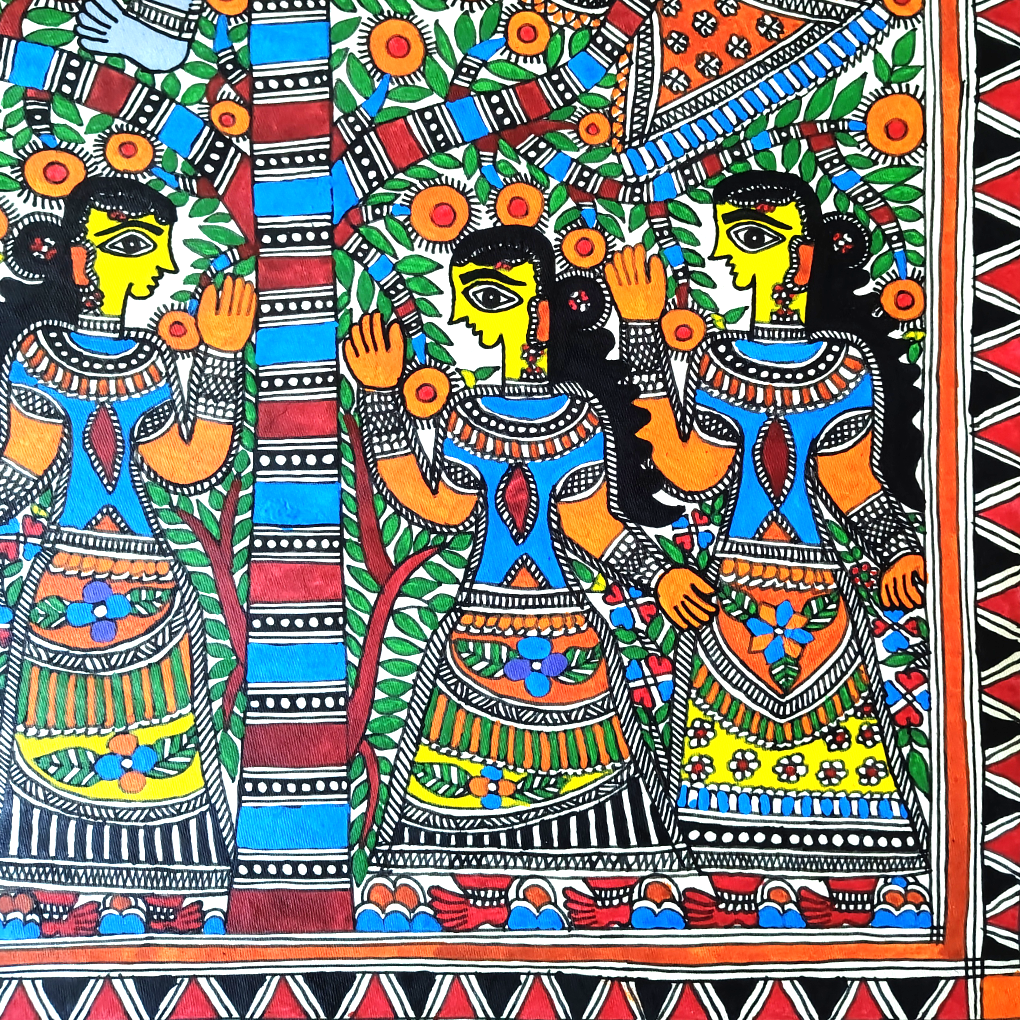 Hand-Painted Madhubani Krishna with Gopis | Traditional Mithila Folk Art | Large Wall Décor Painting - Image 6
