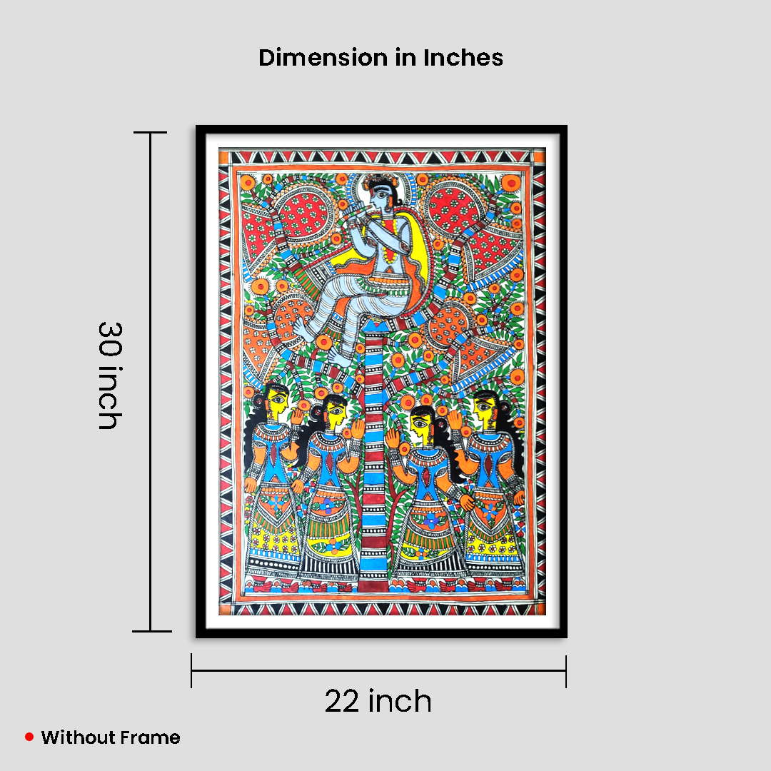 Hand-Painted Madhubani Krishna with Gopis | Traditional Mithila Folk Art | Large Wall Décor Painting - Image 7
