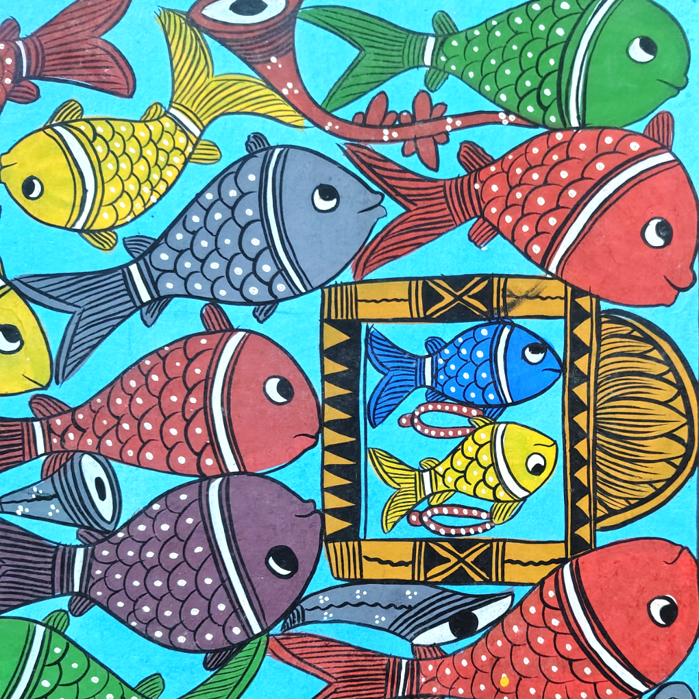 Multicolour Fish Theme Pattachitra Painting | 22 x 14 Inches Handcrafted Folk Art - Image 5
