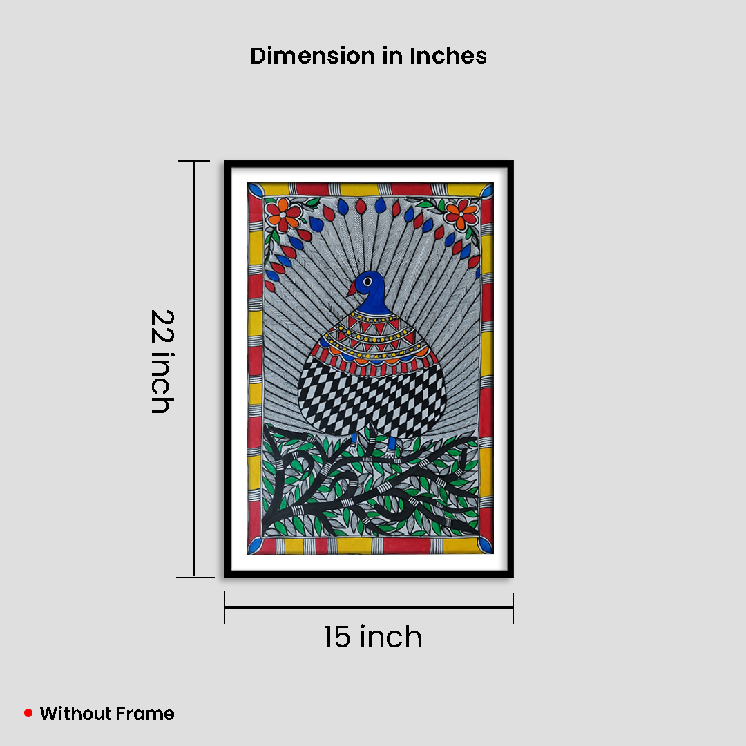 Hand-Painted Madhubani Peacock Artwork | Traditional Mithila Folk Art | Vibrant Wall Décor Painting - Image 4