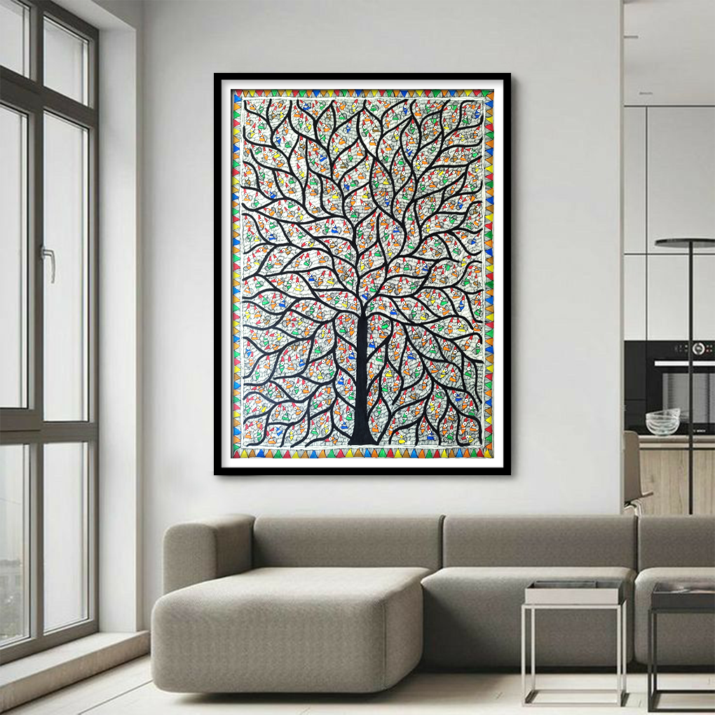 Vibrant Tree of Life – Handcrafted Madhubani Painting (22x30 inches)