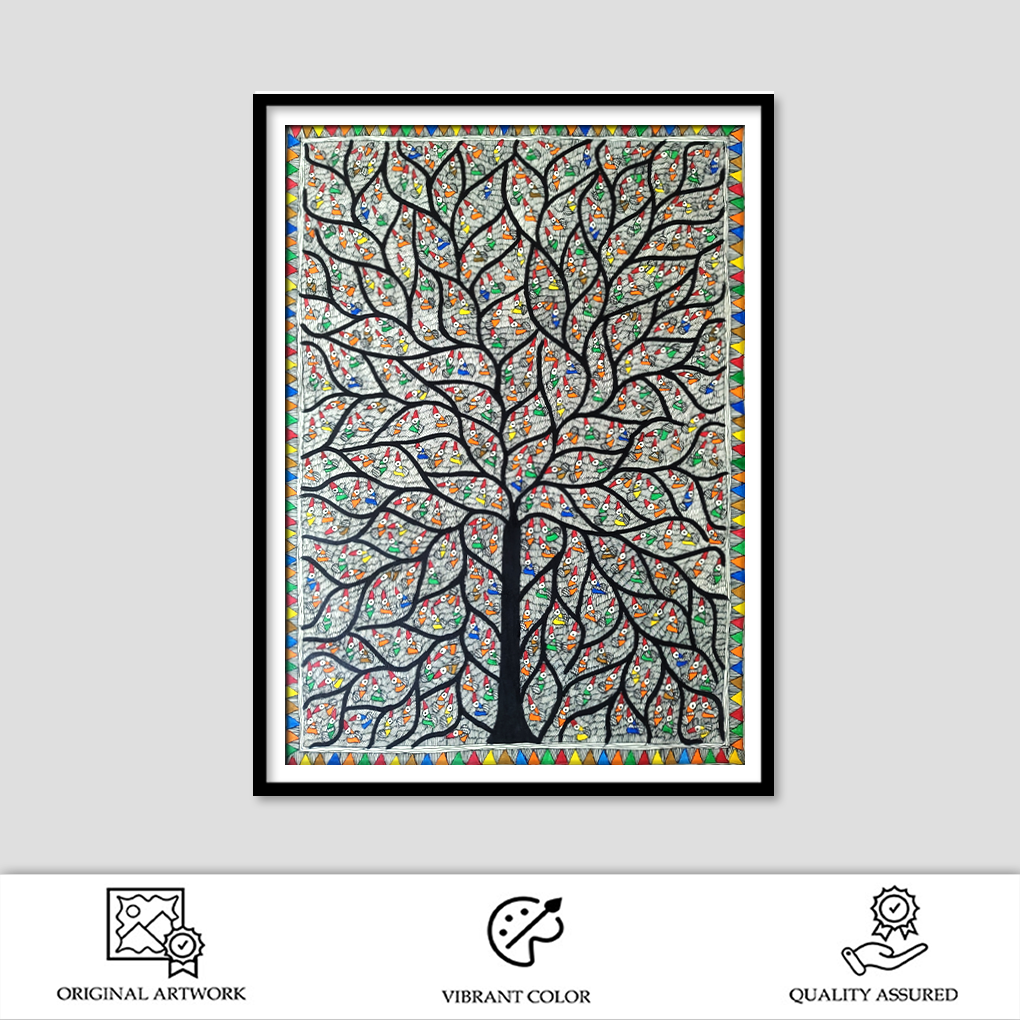 Vibrant Tree of Life – Handcrafted Madhubani Painting (22x30 inches) - Image 2
