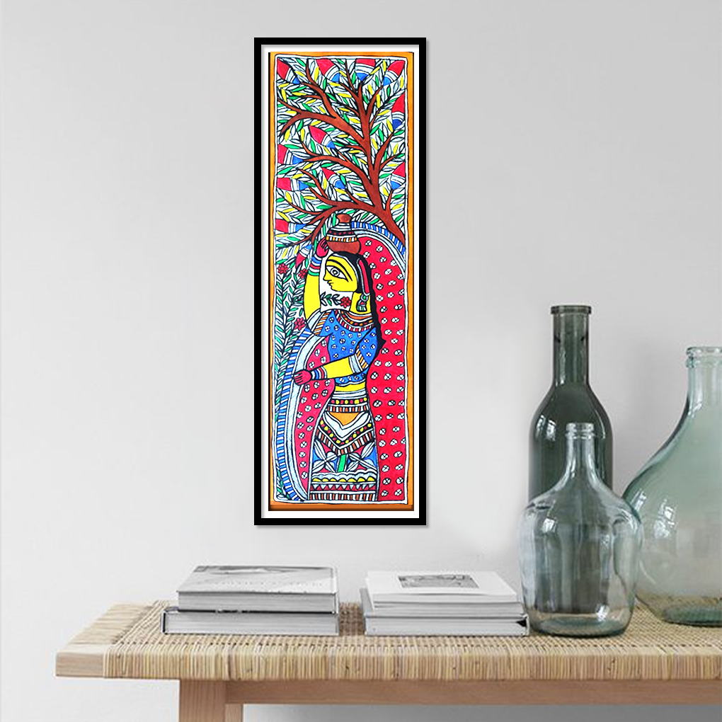 Hand-Painted Madhubani Woman Under Tree | Traditional Mithila Art | Vertical Folk Wall Decor