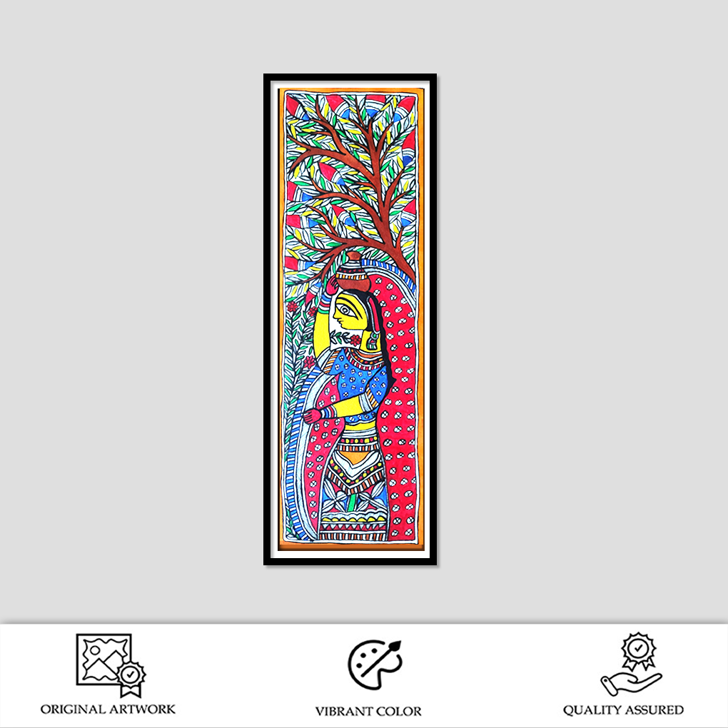 Hand-Painted Madhubani Woman Under Tree | Traditional Mithila Art | Vertical Folk Wall Decor - Image 2