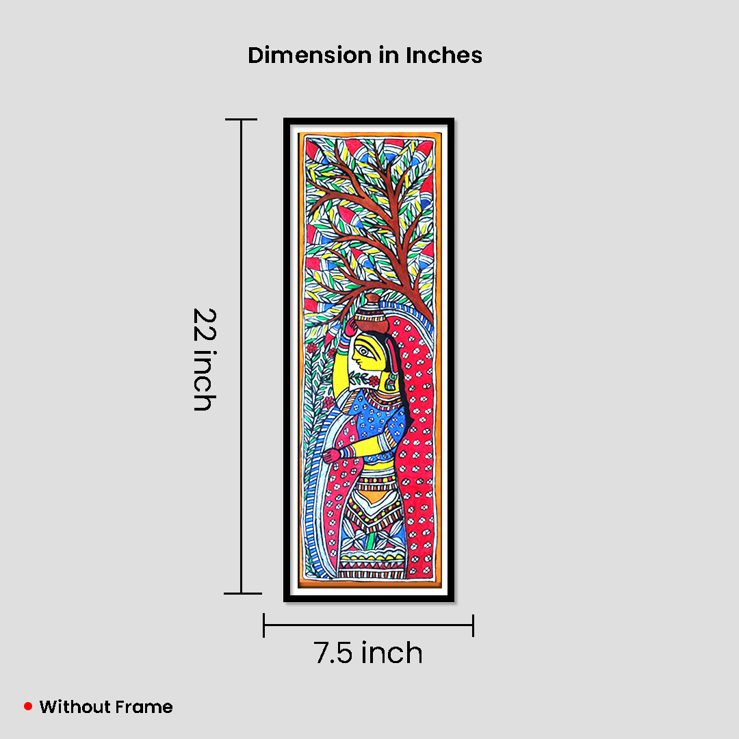 Hand-Painted Madhubani Woman Under Tree | Traditional Mithila Art | Vertical Folk Wall Decor - Image 4