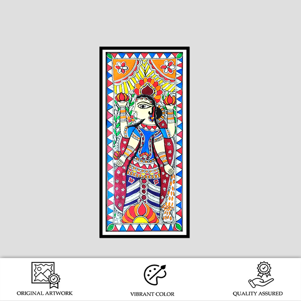 Traditional Madhubani Lady – Hand-Painted Folk Art Wall Décor (Vertical Artwork) - Image 2