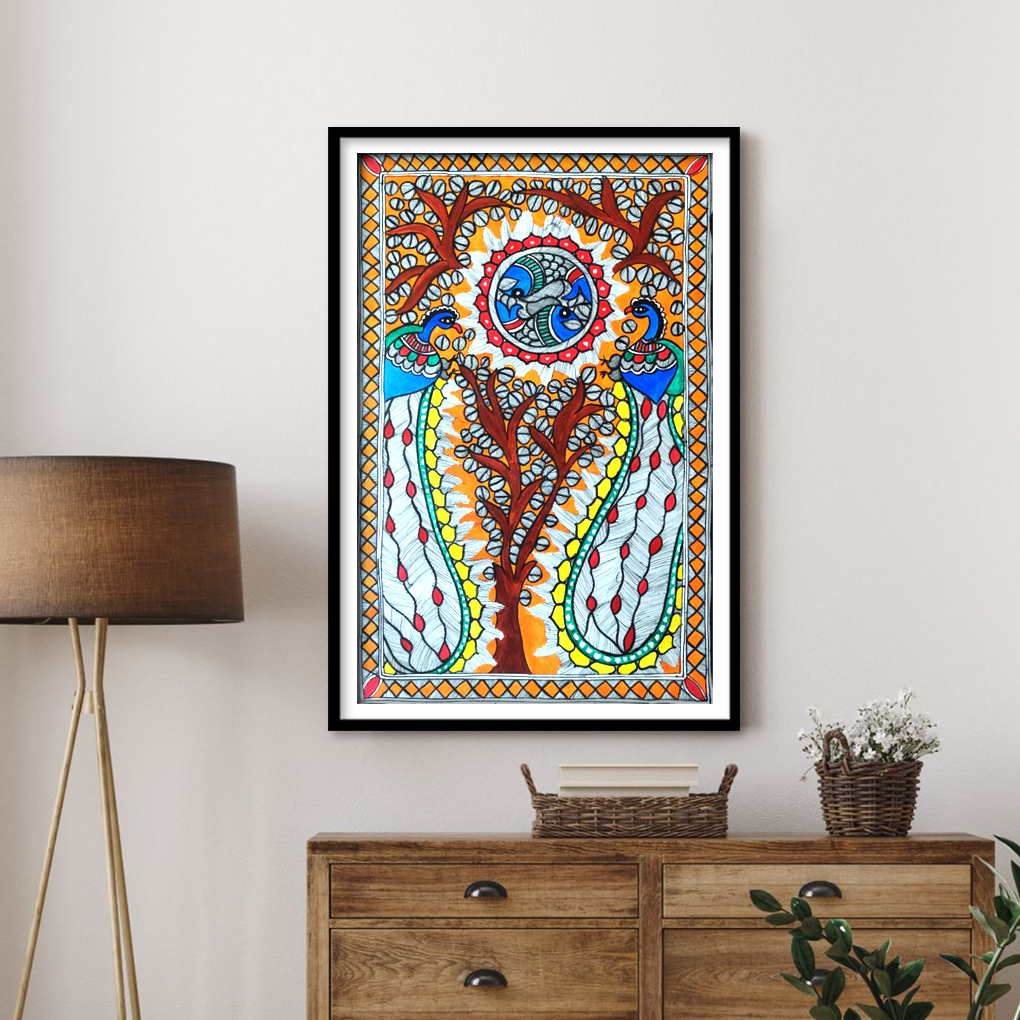 Hand-Painted Madhubani Peacock & Tree of Life Artwork | Traditional Mithila Folk Art