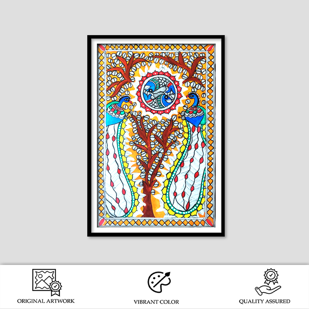 Hand-Painted Madhubani Peacock & Tree of Life Artwork | Traditional Mithila Folk Art - Image 2