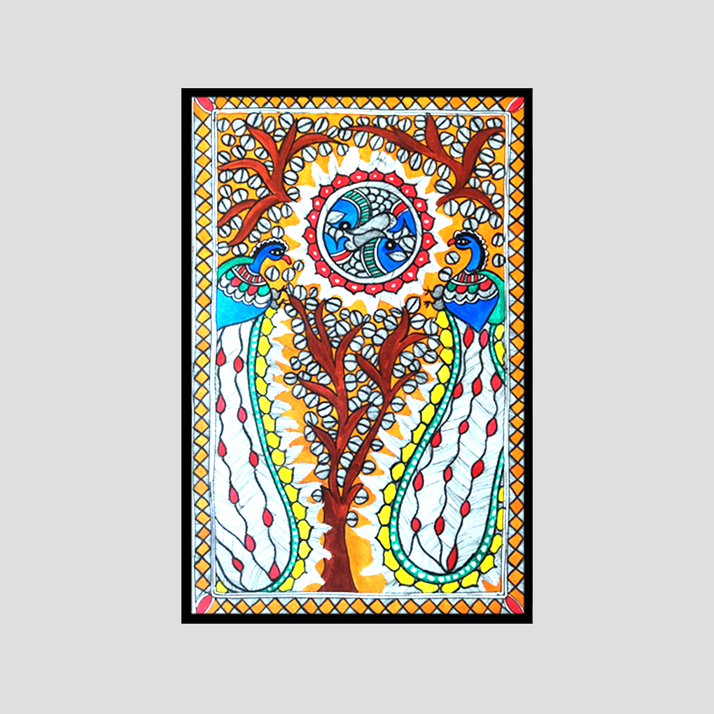 Hand-Painted Madhubani Peacock & Tree of Life Artwork | Traditional Mithila Folk Art - Image 3