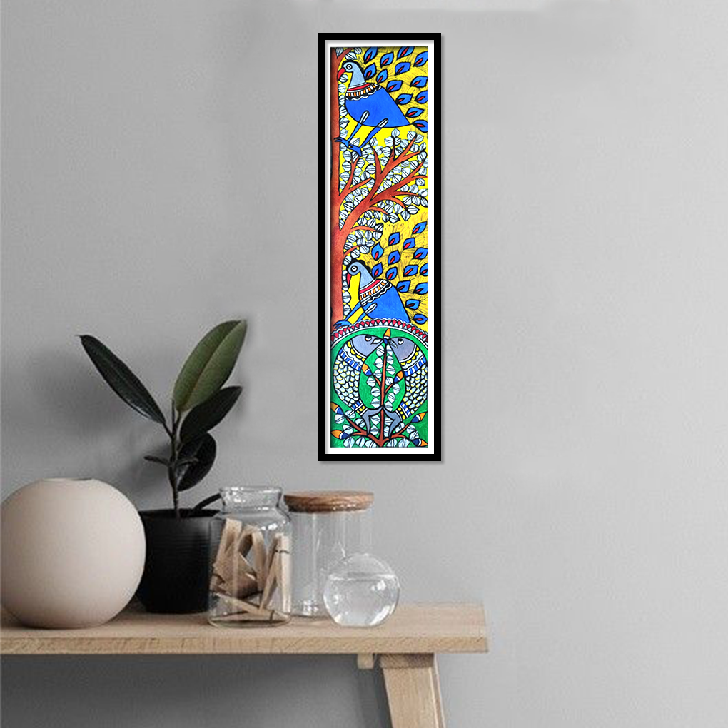 Hand-Painted Madhubani Art – Traditional Tribal Folk Painting | Peacock Under Tree | Vertical Wall Décor