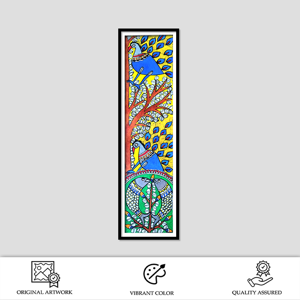 Hand-Painted Madhubani Art – Traditional Tribal Folk Painting | Peacock Under Tree | Vertical Wall Décor - Image 2