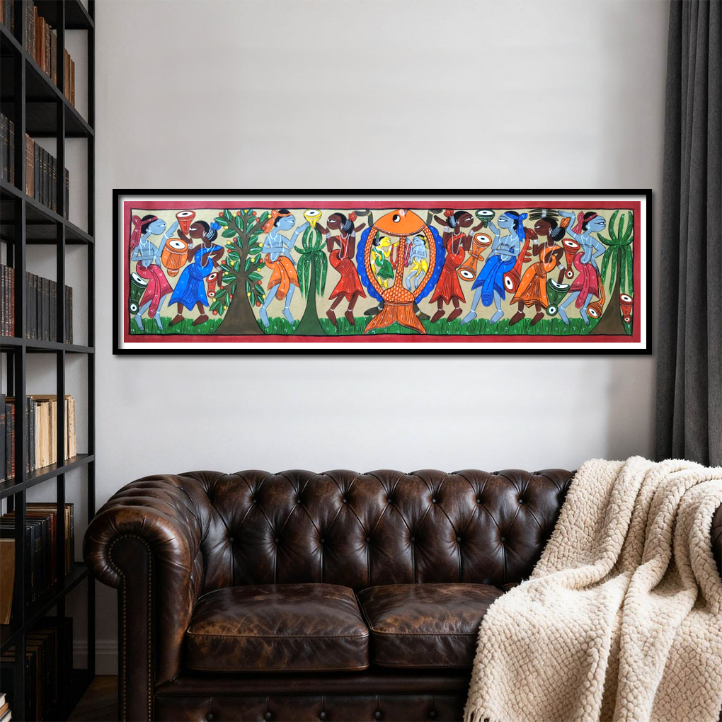 Pattachitra Tribal Dance with Fish Motif Painting | Folk Art Wall Decor