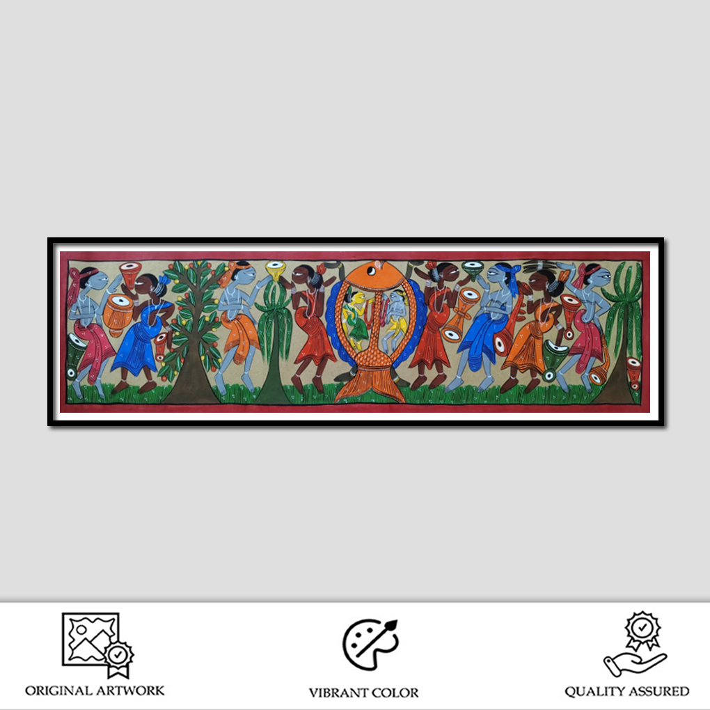 Pattachitra Tribal Dance with Fish Motif Painting | Folk Art Wall Decor - Image 2