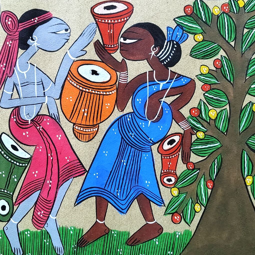 Pattachitra Tribal Dance with Fish Motif Painting | Folk Art Wall Decor - Image 4