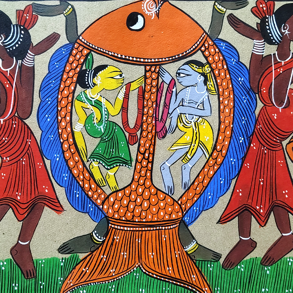 Pattachitra Tribal Dance with Fish Motif Painting | Folk Art Wall Decor - Image 5