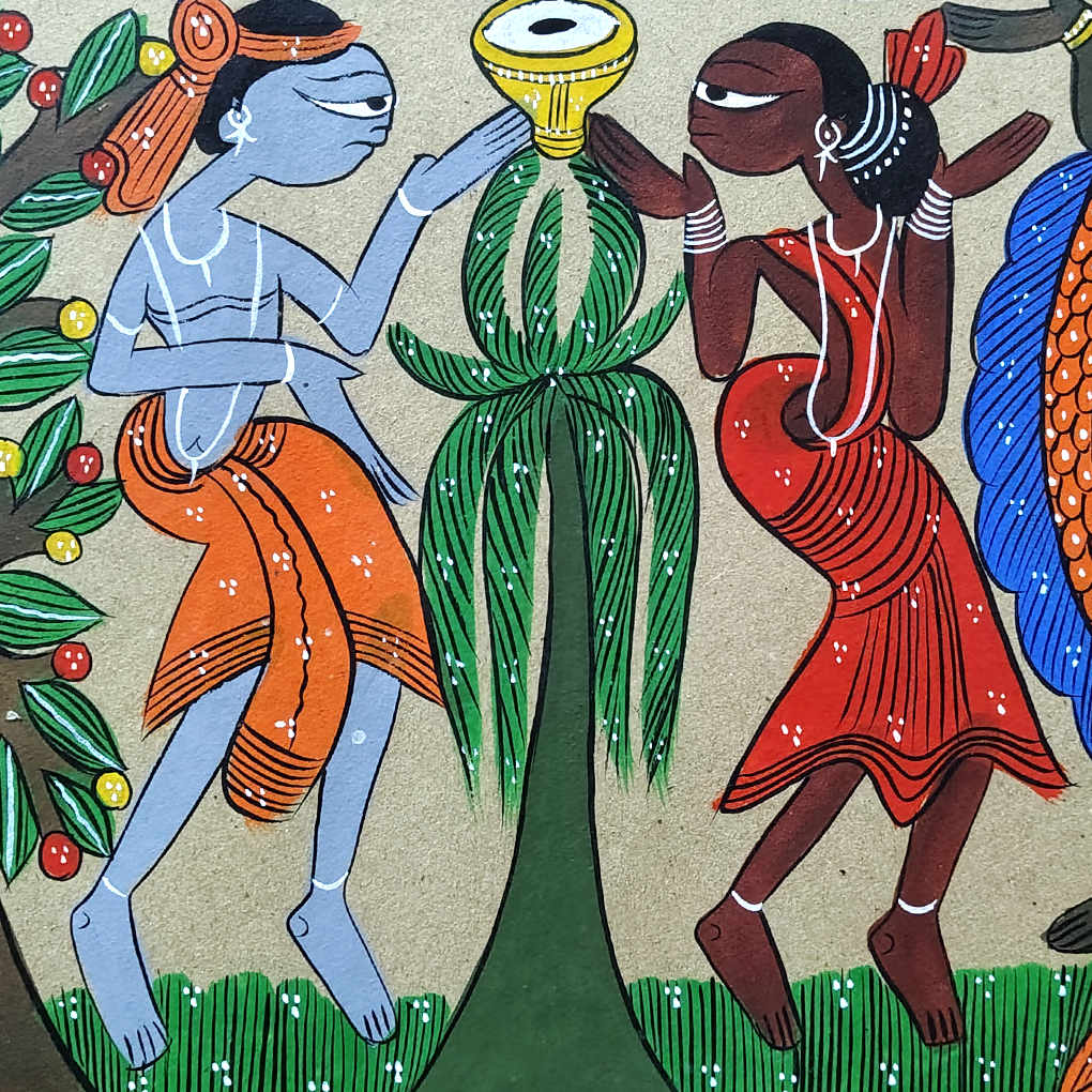 Pattachitra Tribal Dance with Fish Motif Painting | Folk Art Wall Decor - Image 6