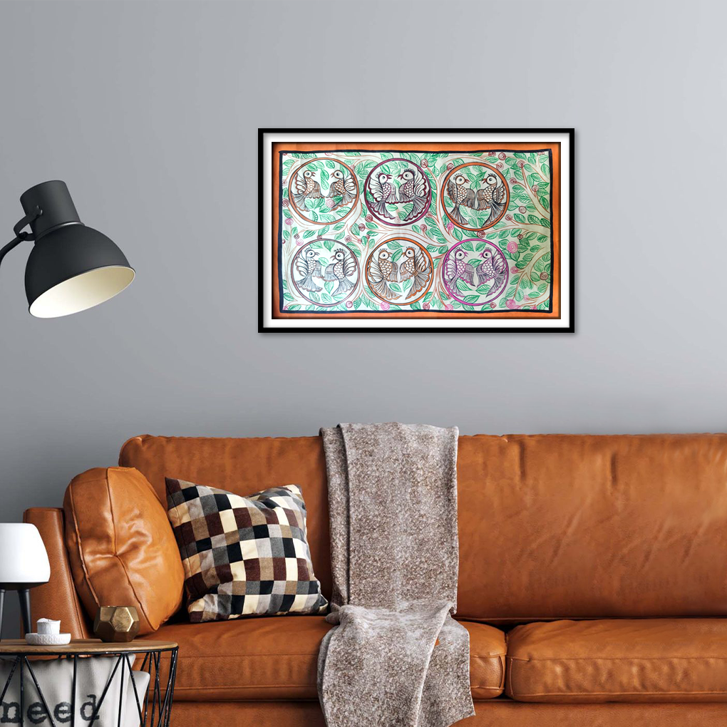 Hand-Painted Pattachitra Love Birds Artwork | Traditional Odisha Folk Art Wall Décor