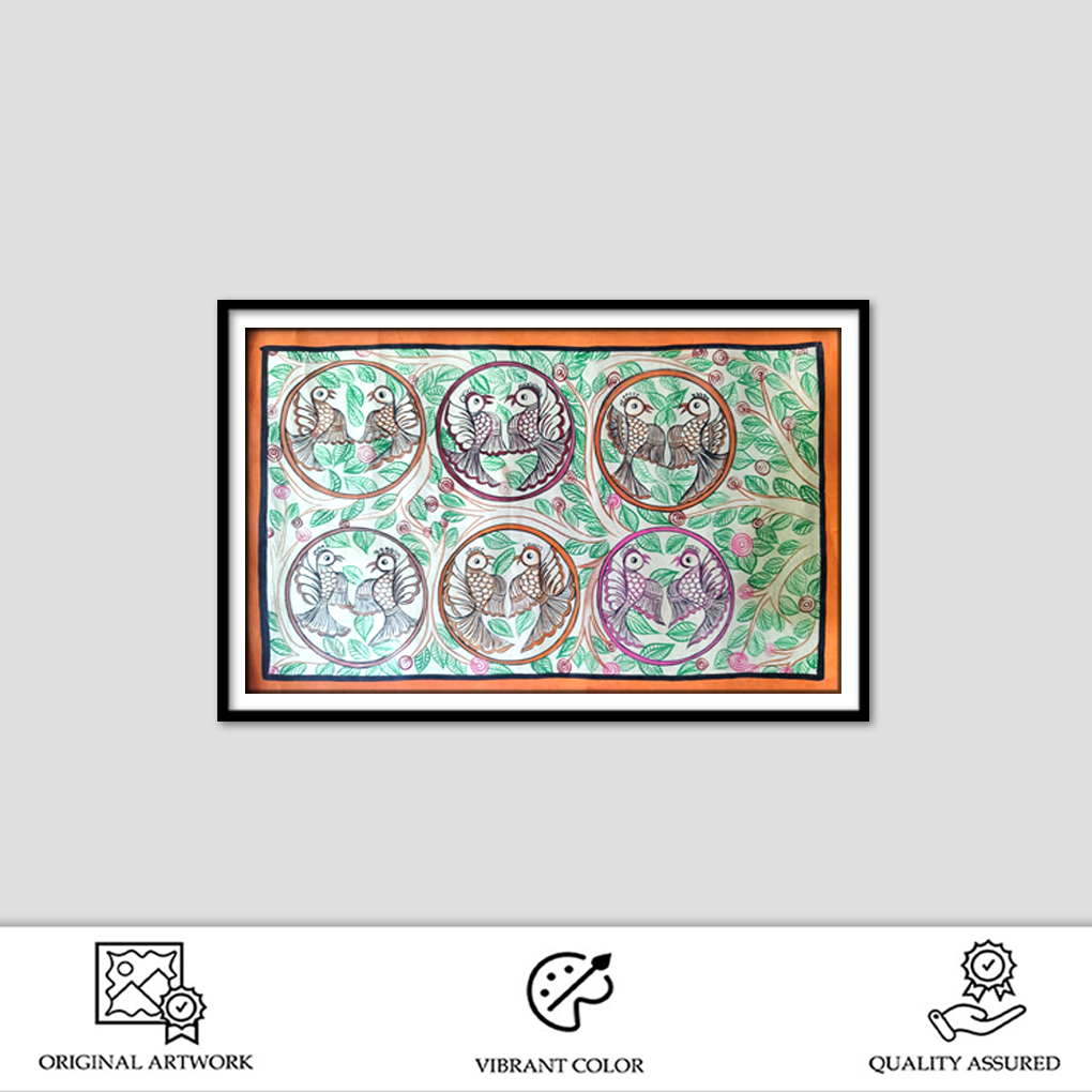 Hand-Painted Pattachitra Love Birds Artwork | Traditional Odisha Folk Art Wall Décor - Image 2